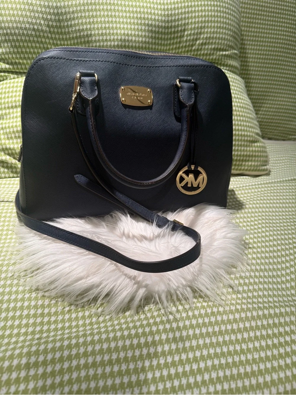 Michael Kors Navy Saffiano Dome Satchel with Gold Hardware